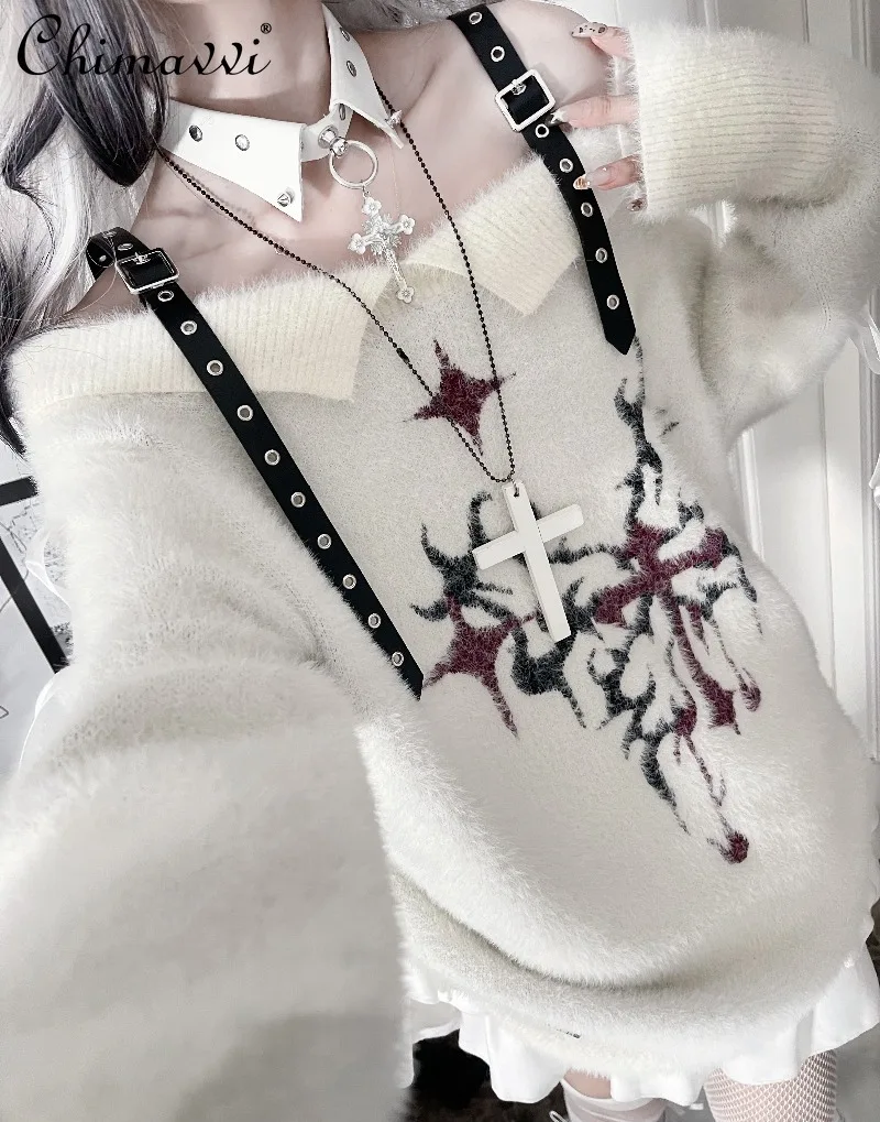 

Original Japanese Punk Style Sweet Cool Girl Butterfly Print Off-Shoulder Leather Button Sweater Fashion Long Sleeve Loose Top