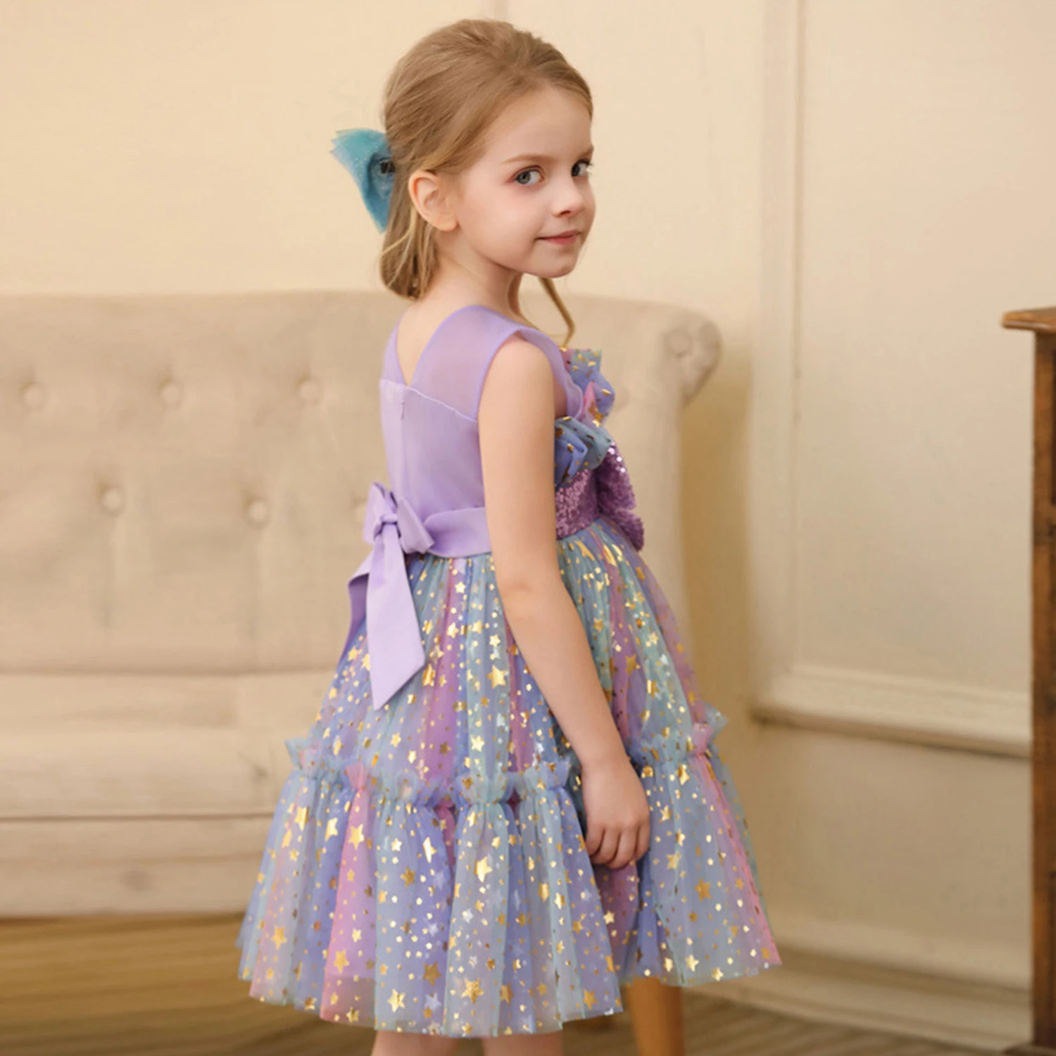 Charlotte Stylish 1-9 Years Sequined Star Appliqued Rainbow Birthday Party Graduation Ceremony Pageant Formal Dress