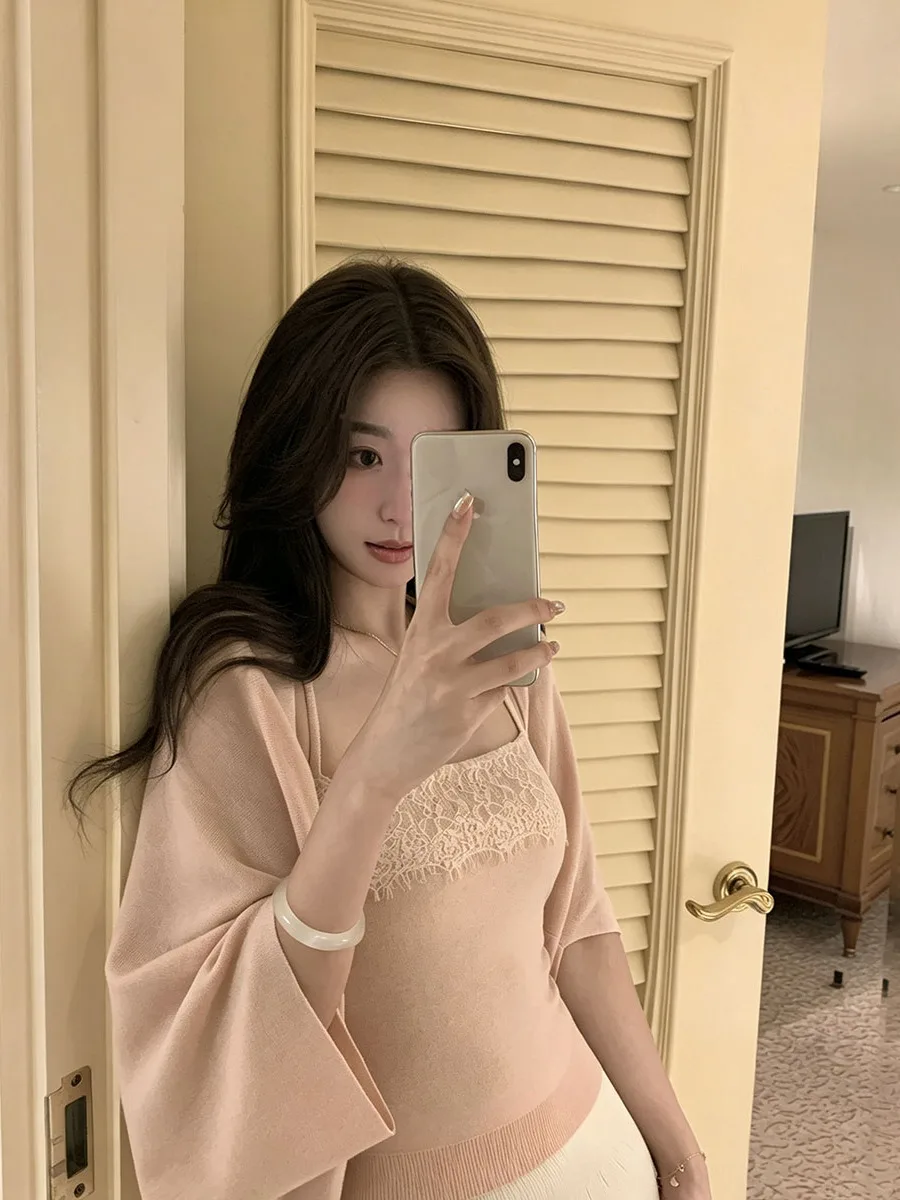 Pink Sweet Knitted Set Women's Autumn Sleeveless Lace Trim Batwing Sleeve Crop Top And Shawl Two-Piece Suit Fashionable Casua...