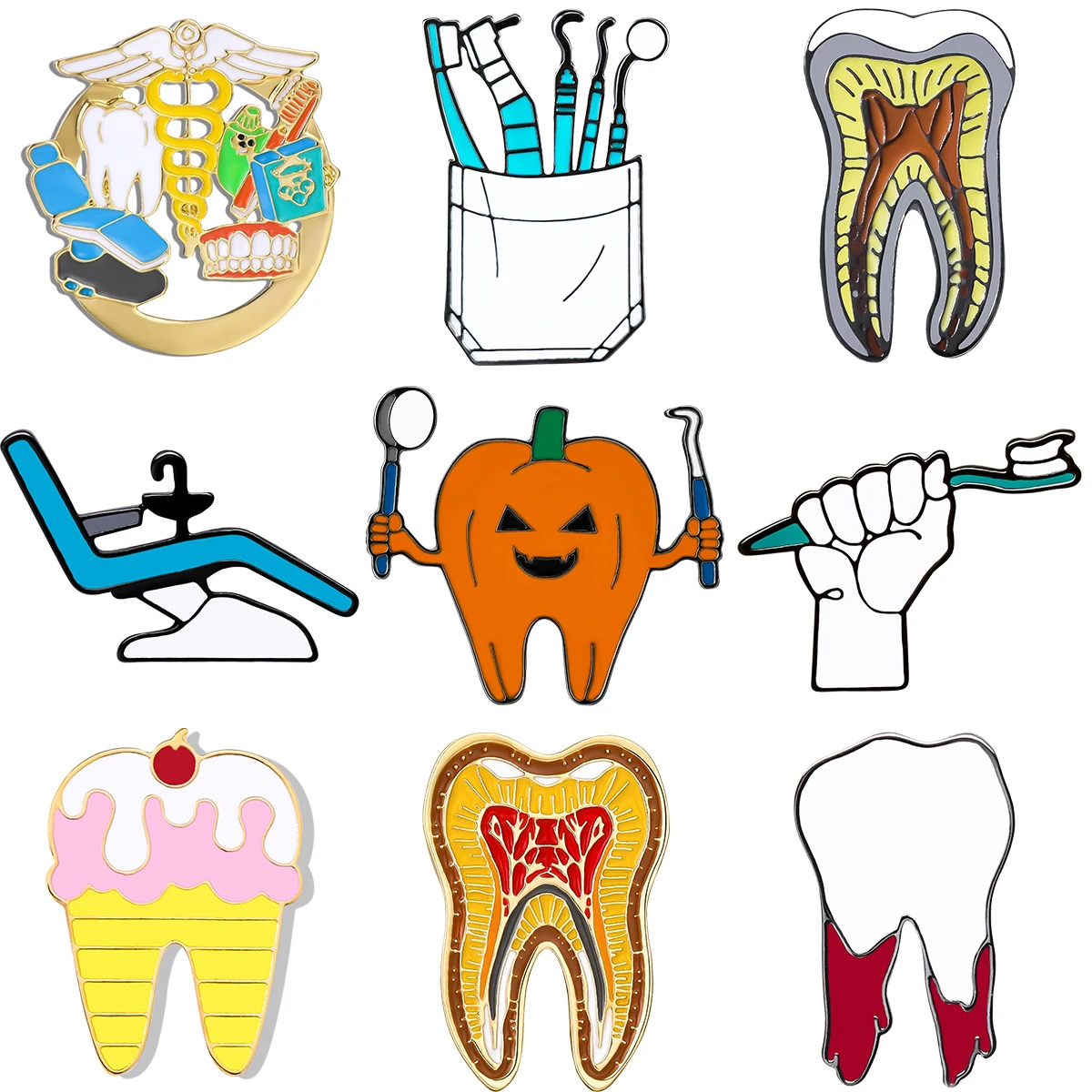 Catuni Cute Dental Teeth Enamel Pin Brooch Halloween Medical Lapel Lanyard Bag Badge Gift Dentist Assistant Colleague Student