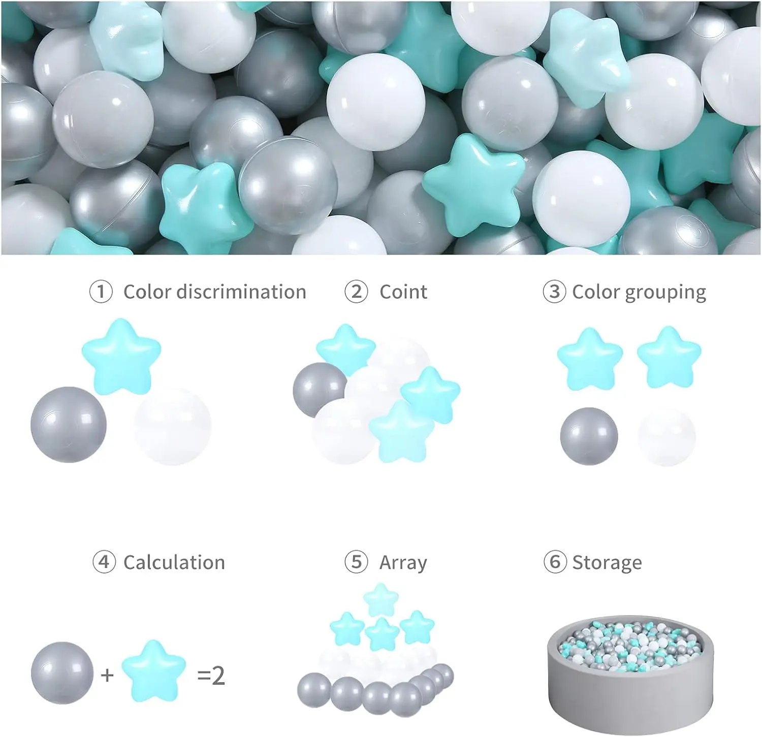 Bolas de plástico para niños pequeños, parque infantil, piscina, decoración de fiesta Pastel para bebés, verde, gris y blanco, 100 bolas
