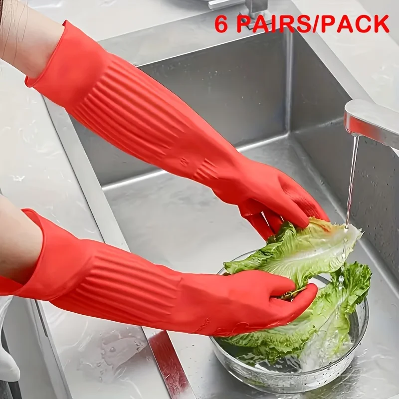 

6 Pairs Rubber Kitchen Dishwashing Gloves for Household Cleaning - 17.71 Inch (Approx. 45cm) Extended Cuffs, Reusable, Flexible,