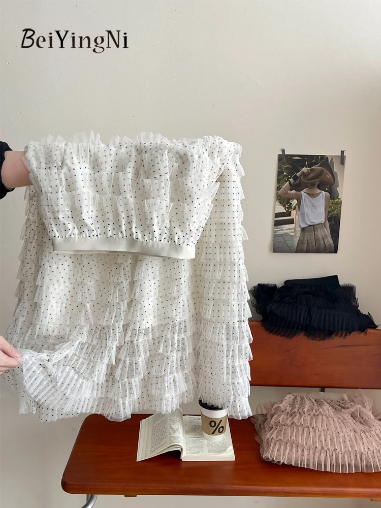 

Beiyingni 2026 Весна-Лето Женская сетчатая многоярусная юбка с принтом в горошек, элегантная французская длинная макси-юбка для повседневной носки, в стиле K-pop, тюлевая юбка-пачка