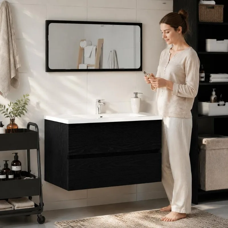 Meuble de salle de bain rectangulaire 80 x 38,5 x 45 cm, fabriqué en bois d'ingénierie résistant, poignées en acier design, grand espace de rangement pratique, style minimaliste moderne, montage facile