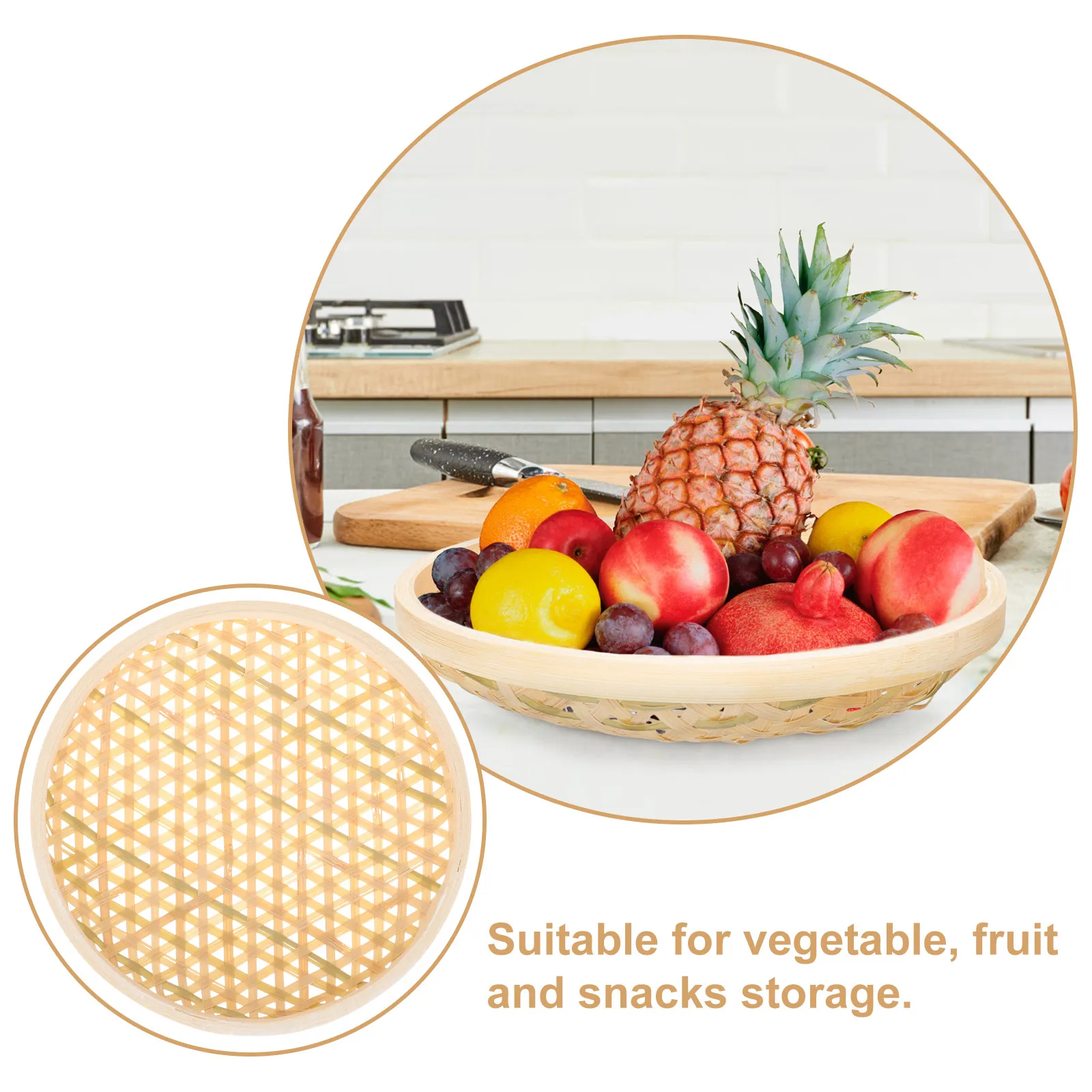 

Woven Bamboo Storage Basket Rustic Round Basket Multifunctional Food Fruit Bread Container Home Desktop Organizer
