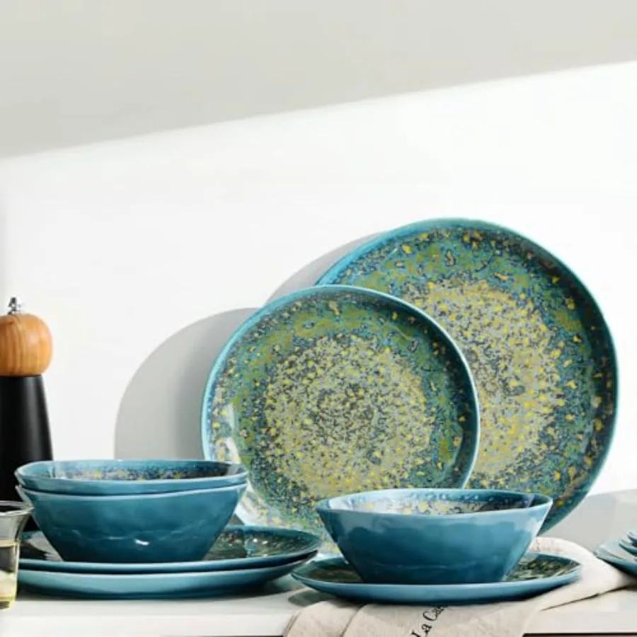 

Melamine Dinnerware Set of 12Pcs Dish Set for 4 Lightweight Unbreakable Plates and Bowls Set Great for RVs Camping Dishwasher S