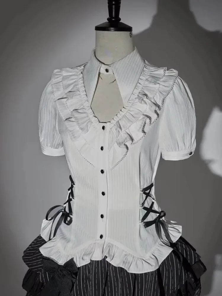 Japanische 2-teilige Sets für Damen, unregelmäßige Rüschen, schmale Passform, Bandage-Bluse + hohe Taille, Spitze, Patchwork-Röcke, Y2k-Ästhetische Outfits