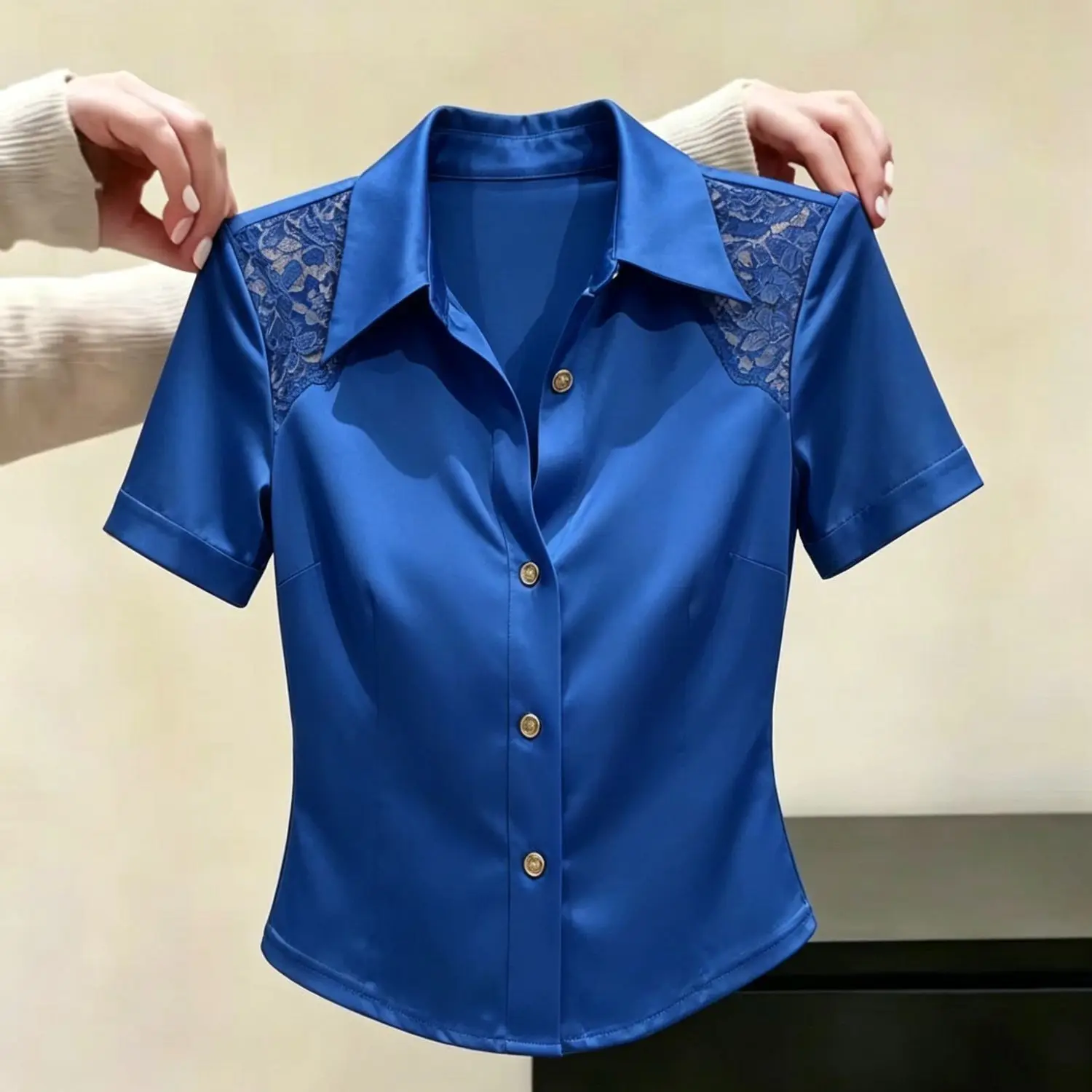 

Elegant Lace Patchwork Silk Shirt Women's Summer New Short Sleeve Commute Slimming High-End Trendy Top Korean Loose Fit ...
