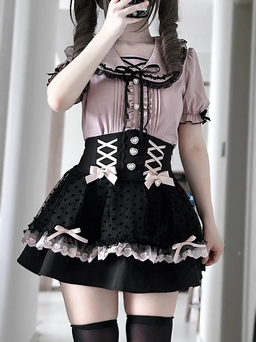 【Confession Letter】Original Subculture Japanese Lace Short Sleeve Shirt Black Strap Skirt Gothic Lolita Clothing