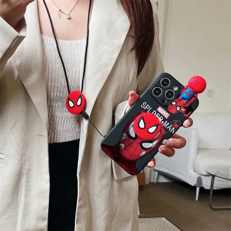 For Samsung Galaxy A16 A06 F15 M15 S8 S9 Plus 3D Cartoon Spider-Man Toy Phone Holder Case With Lanyard Strap Soft Cover