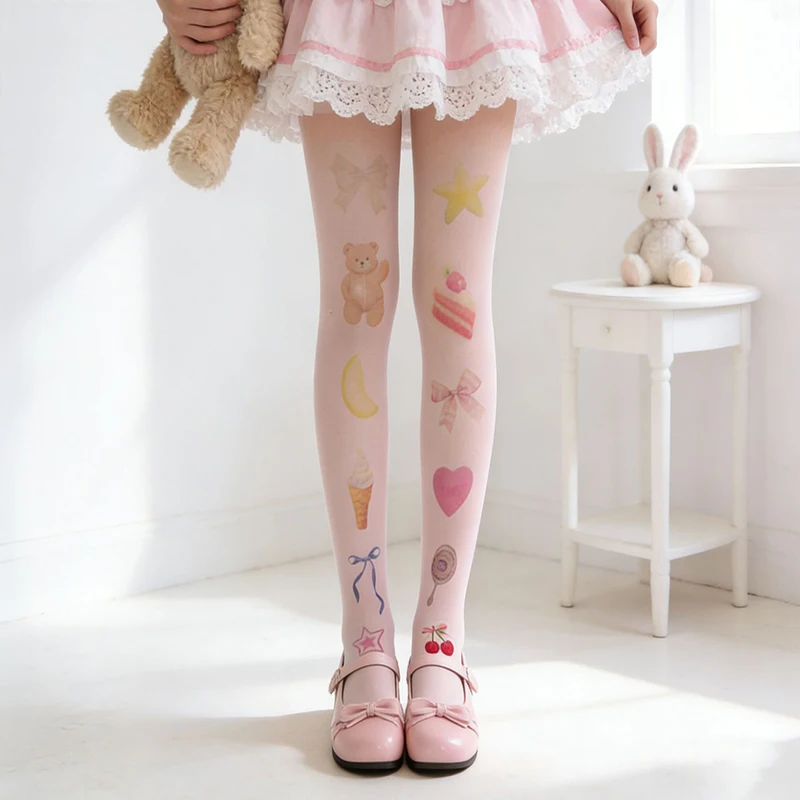 Cute Cartoon Print Women's Pantyhose Playful Lolita Style Summer Lightweight Anti-slip White Tights