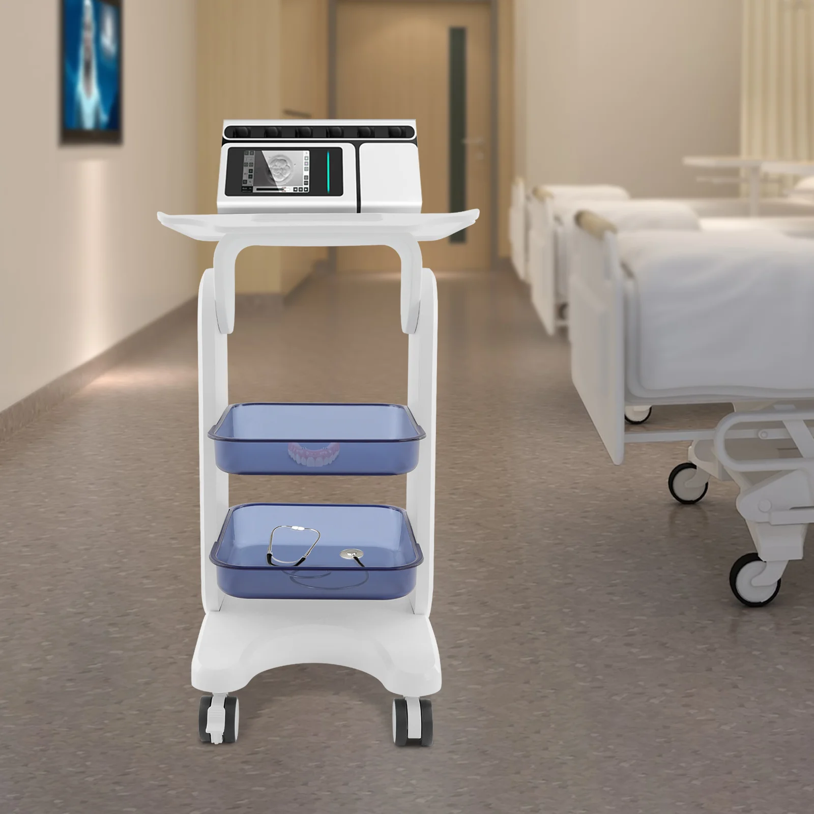 Medical Cart, Beauty Salon Storage Cart, Beauty Tool Storage Cart, 3-Tier Modern PC Rolling Organizer, Hospital Clinic Spa Nail Salon Labs, White Blue, Large Durable Tray Shelves, Free Standing, Multi-Purpose For Equipment Tools Supplies