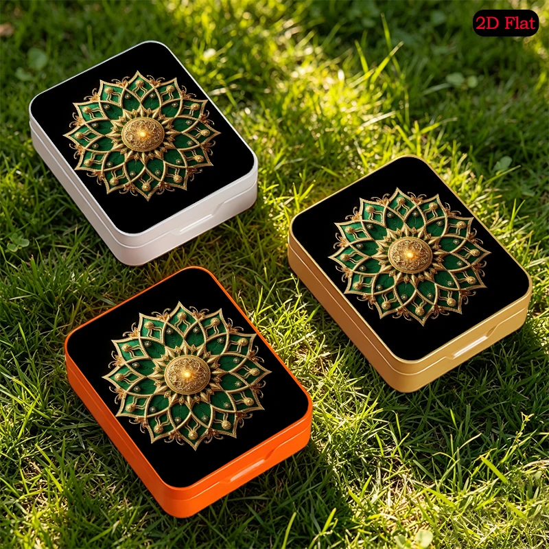 Green and Gold Emblem Mandala Theme Square Flip Top Mini Tin Box, Portable UV Printed Tinplate Box, Custom Print Design