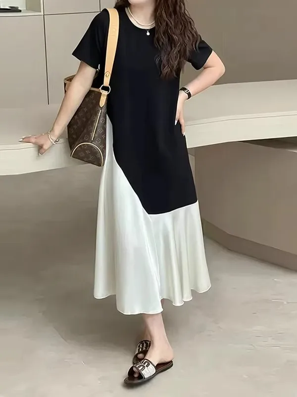 

Unique Color Block T-Shirt Dress Women's Loose Summer plus Size Slimming Beautiful A-Line Skirt Casual High Waist Long Dress