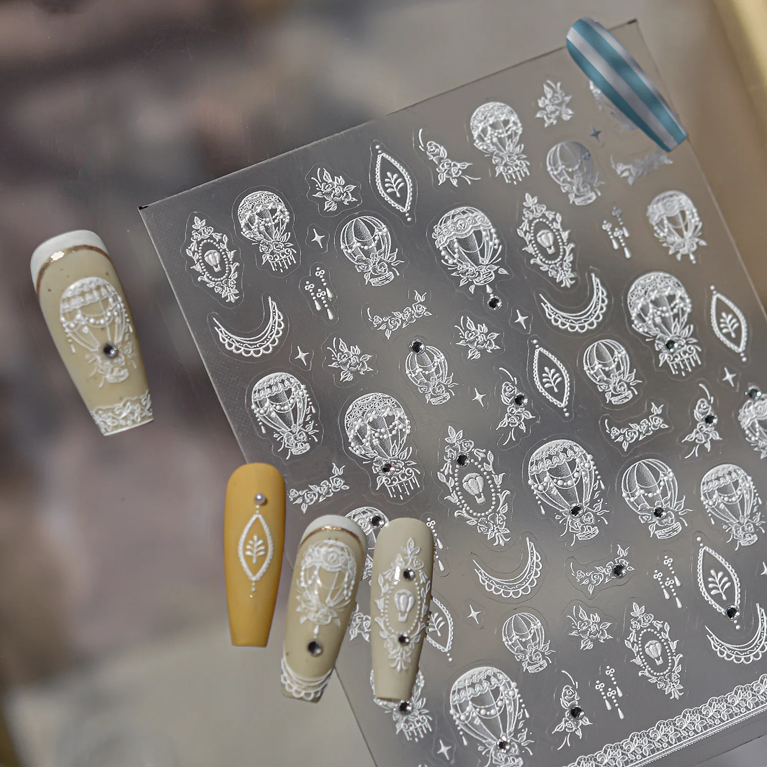 

White Lace Hot Air Balloons Nail Sticker Crystal Flowers Stars Rhinestone Nail Art Stickers Adhesive Decorations Manicure Decals