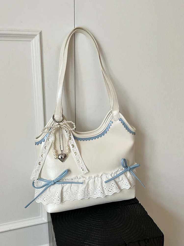 

Sweet Lace Splicing Bow One Shoulder Bag Large Capacity Travel Commuting Tote Bag Fashion Heart Pearls Pendant Casual Handbags
