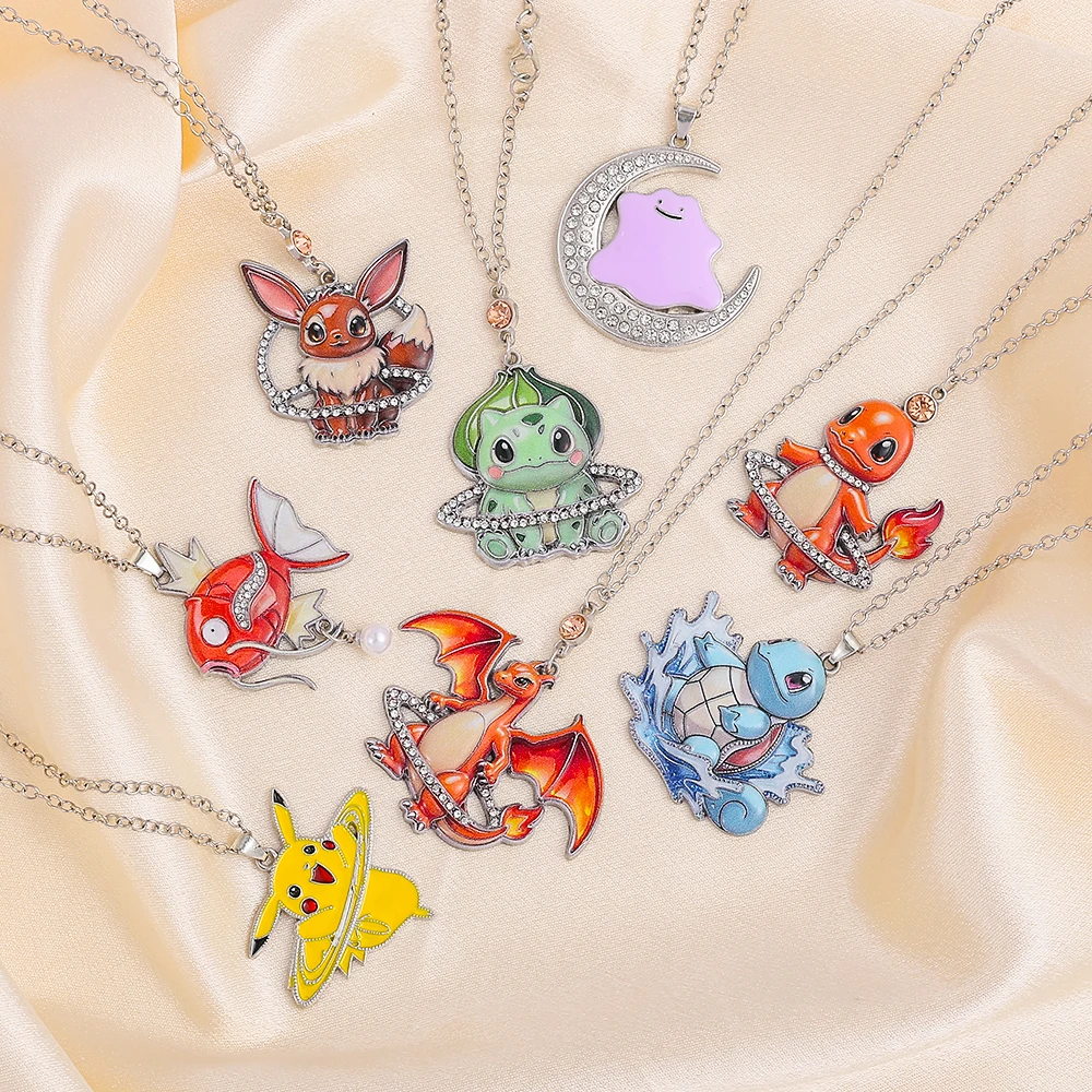 Cute Cartoon Monster Enamel Pendant Necklace Rhinestone Metal Charm Necklace Kawaii Anime Style Jewelry Gift for Teens