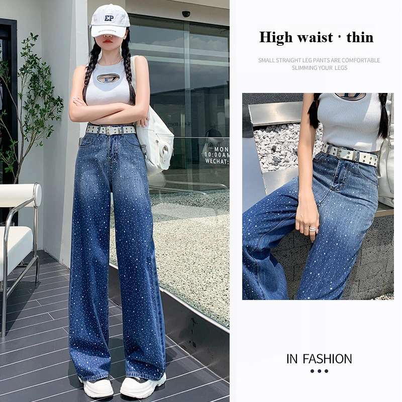 Gradient Blue Women Jeans With Rhinestone Casual High Wait Wide Legs Pockets Denim Pant 2025 Spring Chic Street Trousers Lady