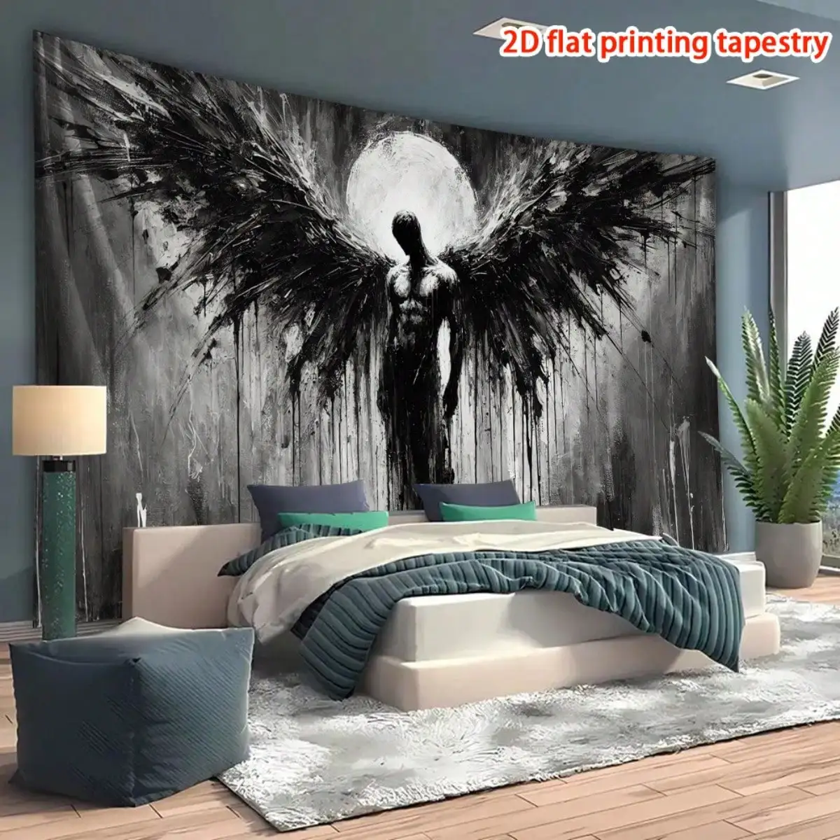 Dark Angel Tapestry - Gothic Wings Wall Hanging, Moonlight Fantasy Art, Edgy Room Decor, Multiple Sizes