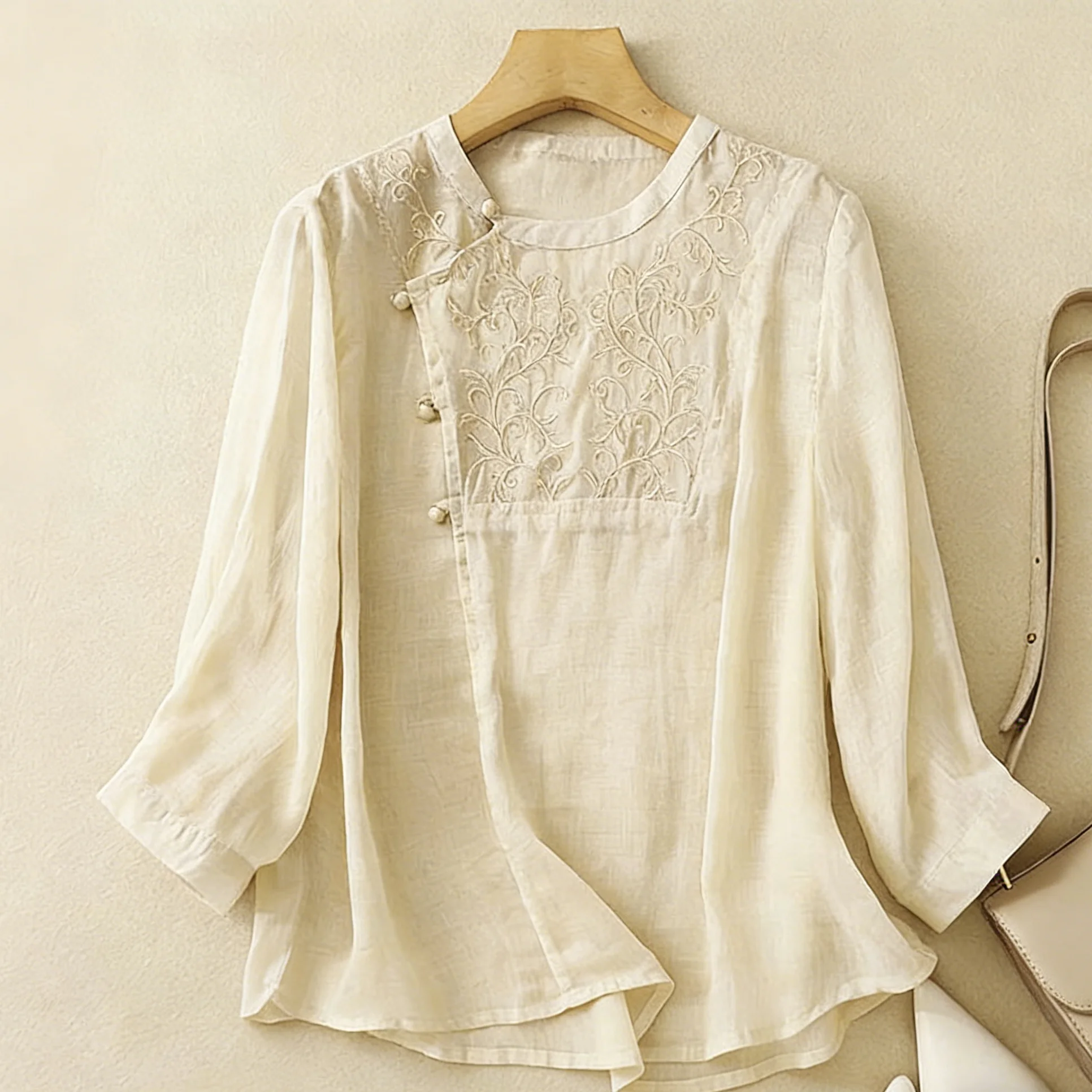 Women's Casual Lightweight Polyester Blouse 3/4 Sleeve Embroidered Chinese Style Cheongsam Button Loose Fit Summer Tops