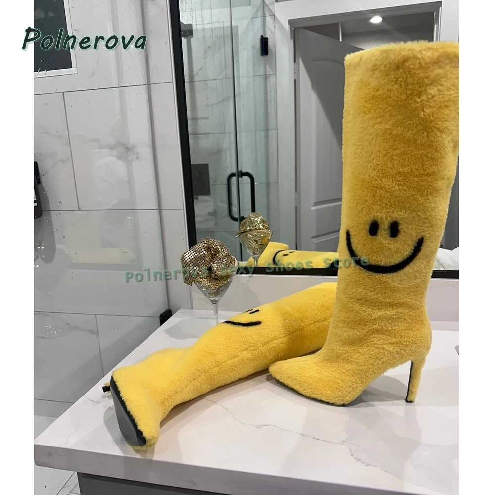

Cartoon Smiley Face Fur Fashion Boots 2026 Winter New Arrivals Pointed Toe Stiletto Color Blocking Women Sexy Knee High Boots