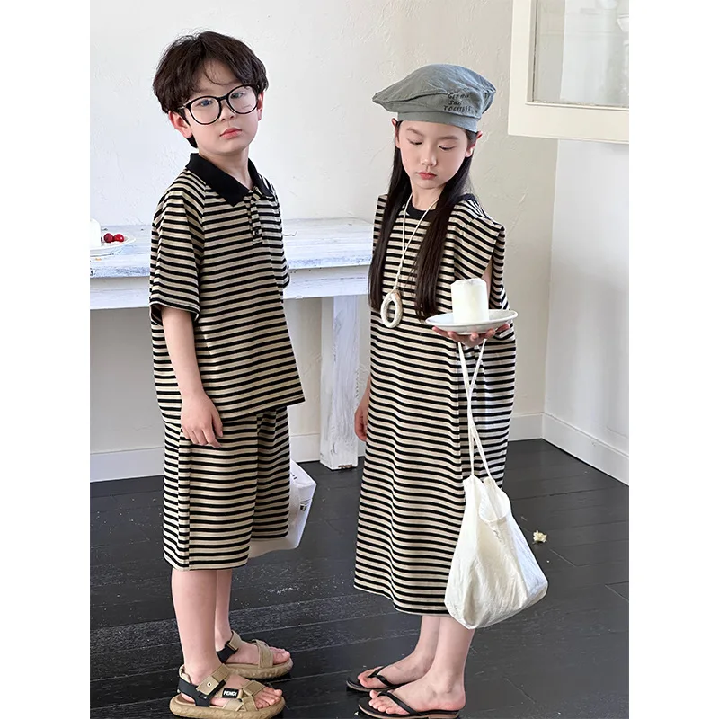 

Children Clothing Set Brother and Sister 2024 Summer New Korean Style Striped Short-sleeved Shorts Casual Two-piece Set