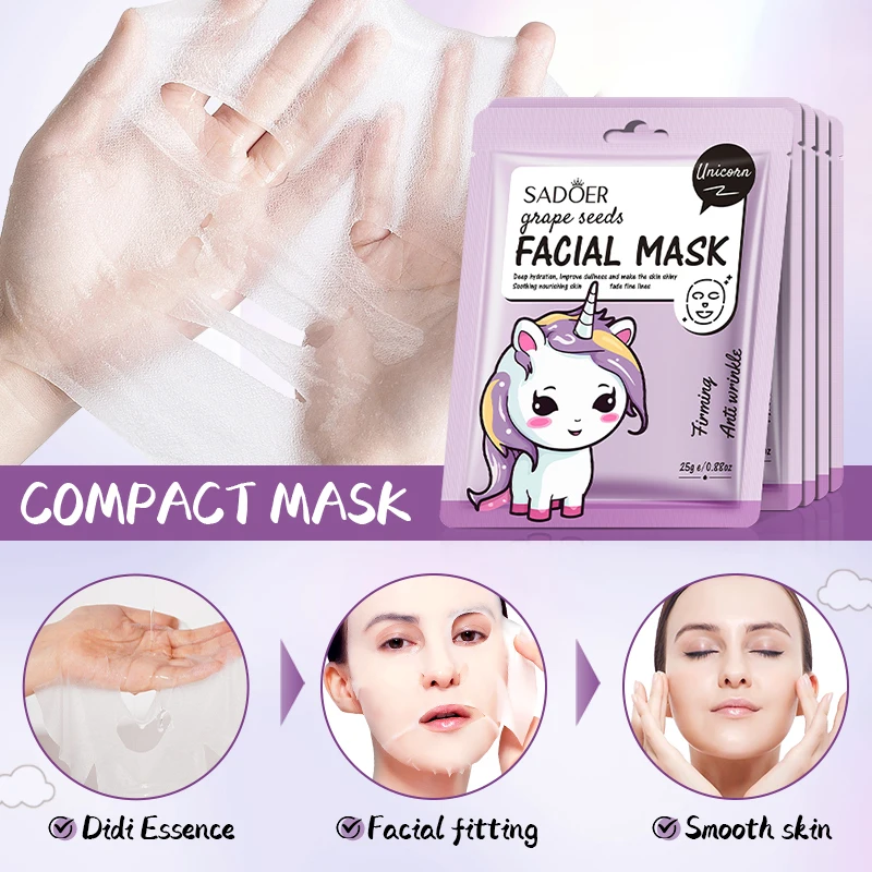 5pcs SADOER Cartoon Fresh Fruit Facial Masks Moisturizing Soothing Brightening Hydrating Face Mask for Facial Skin Care