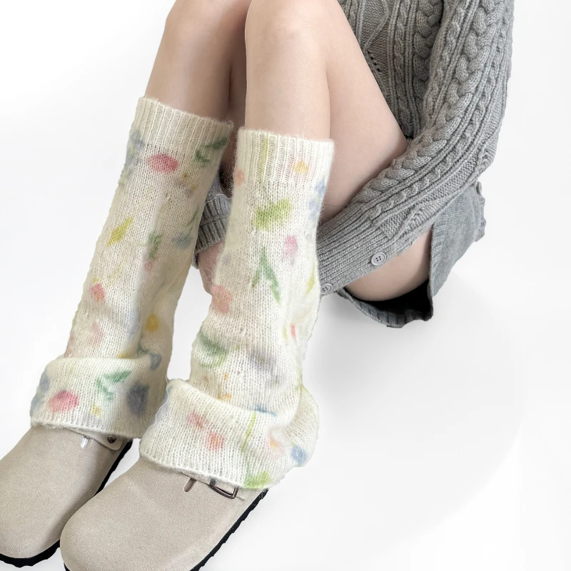 

Mohair Leg Warmers Autumn Winter Printing Calf Socks Leg Cover Milk White Wool Warm Foot Cover Leg Warmers Knee Socks Stockings