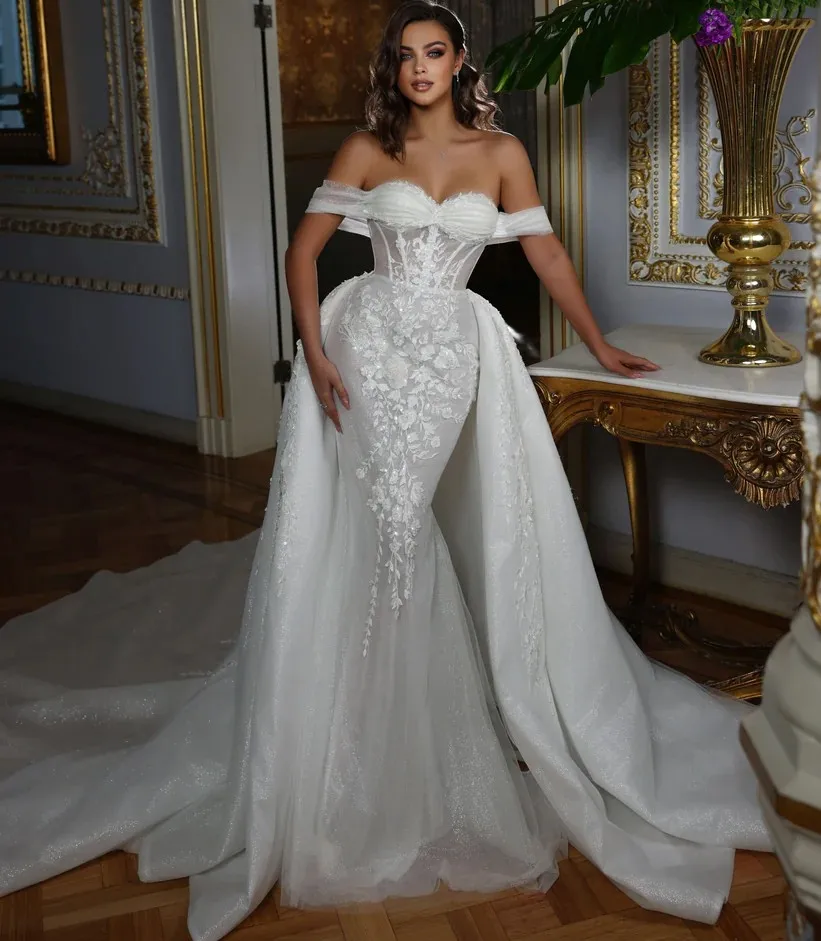

Luxury Off Shoulder Wedding Dress 2 In 1 Sweetheart Beading Flowers Appliques Lace Mermaid Bride Gowns Vestidos De Noiva