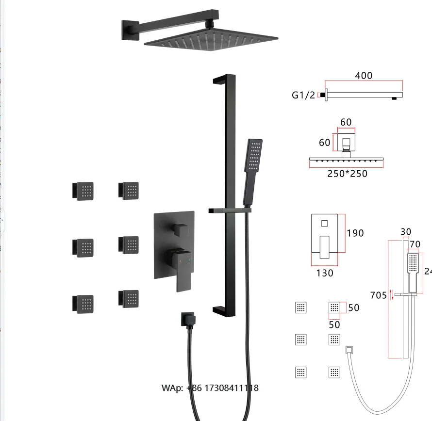 10 Inch Black Stainless Steel New Shower System Rain Type Square Manual Children's Ceramic Spool Shower