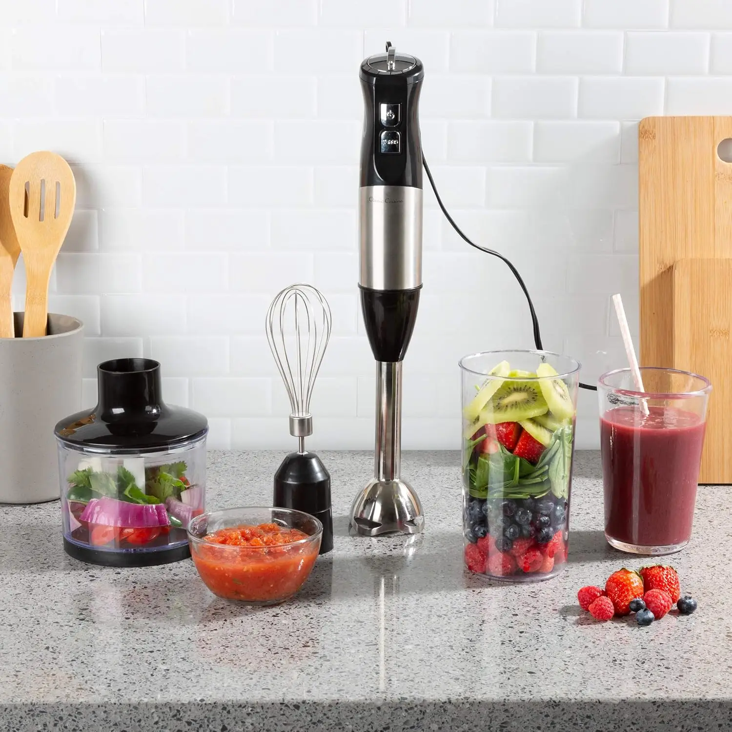 

6-Speed Immersion Blender - 4-in-1 Hand Mixer with Whisk, Food Processor Cup, 32oz Beaker, Black