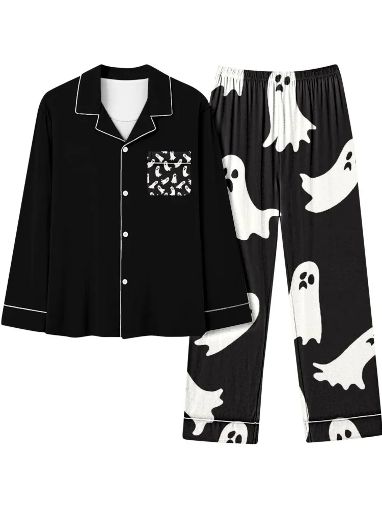 Women 2 Piece Set Outfit 2024 New Halloween Printing Single Breasted Tops And Elastic Waist Pantalones Casual Loose Lady Pajamas