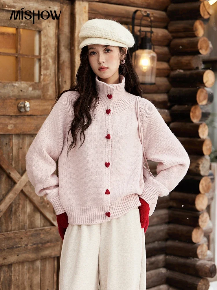 MISHOW Love Heart Button Sweater Color Clash Women Winter Clothing Knitted Cardigan Loose Versatile Thick Warm Tops MXD58Z1127