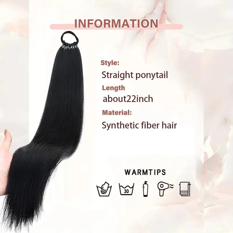 وصلة شعر صناعية طويلة مستقيمة بطول 22 بوصة، شريط مطاطي مضفر على شكل ذيل حصان، قطعة شعر سوداء وحمراء للنساء