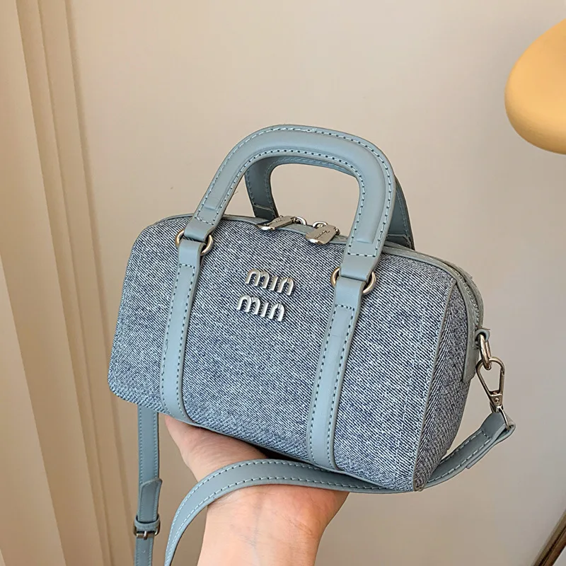

New Boston Denim Handheld Boston Bag for Women Textured Versatile Bowling Style Purse Instagram Famous Shoulder & Crossbody Bag