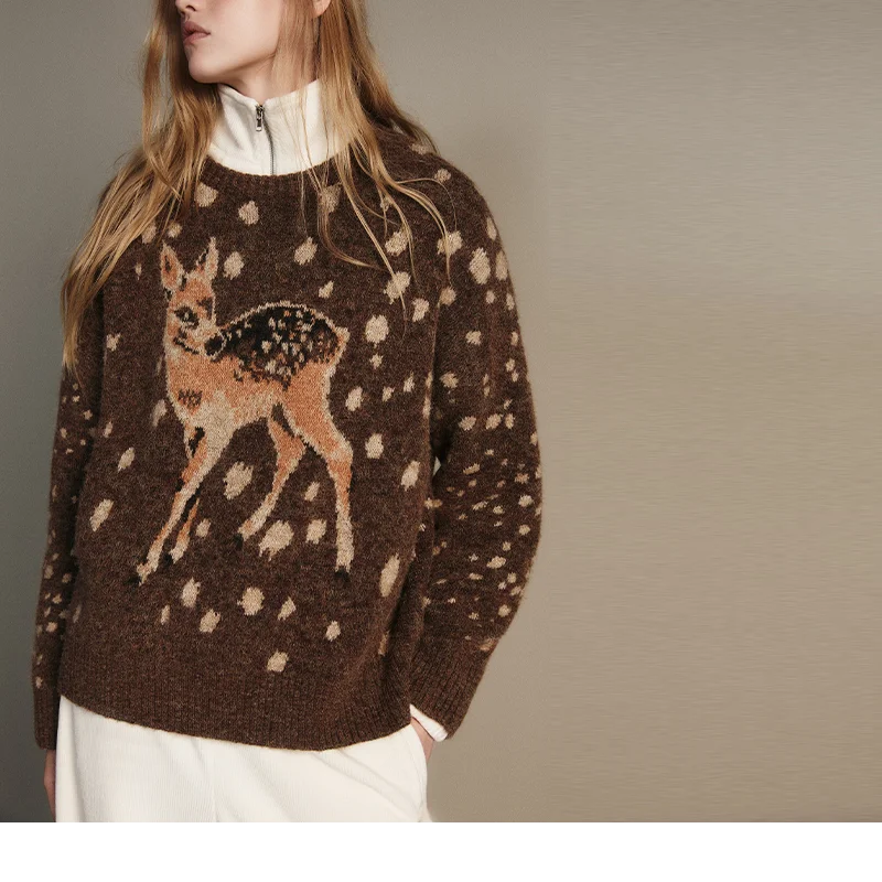 Fashion Brown Deer pattern Dot Knitted Sweater Casual Loose O Neck Full Sleeve Loose TOP 2025 NEW Autumn Lady Commute Outerwear
