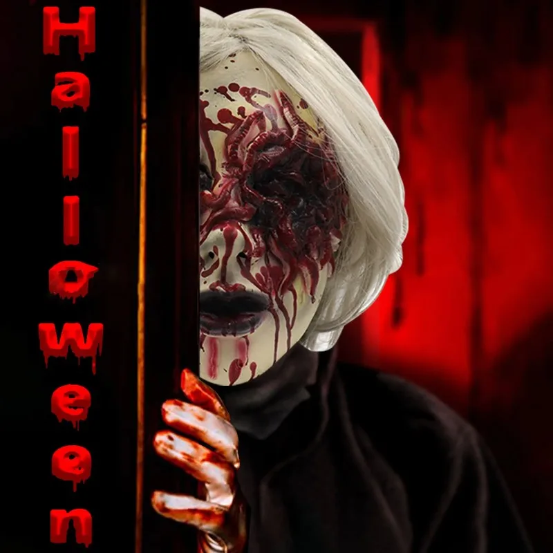 

Страшная маска, страшный кровавый монстр, дьявол, Женская вампирская ведьма, белые волосы для костюма, костюм для косплея, страх, кровавый реквизит на Хэллоуин
