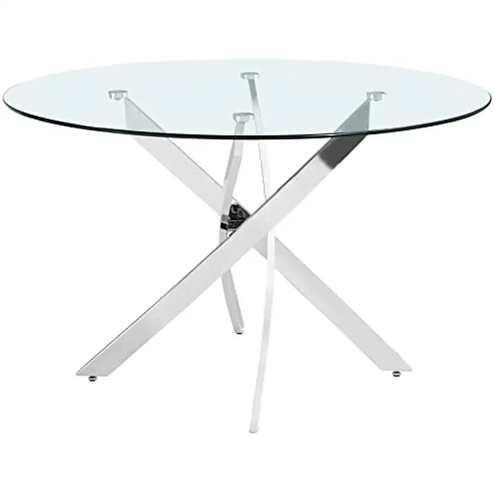 Modern Round Dining Table Chrome Metal Base Tempered Glass Top 48