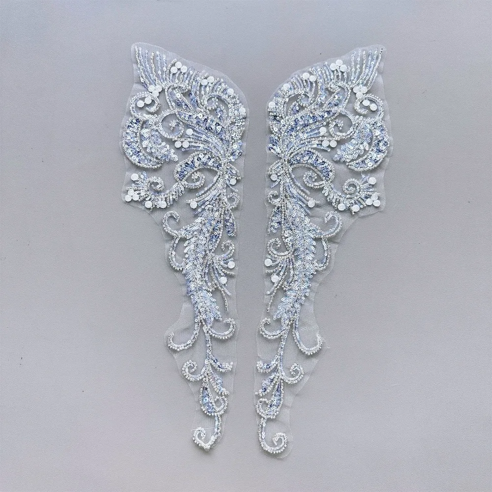 1Pair Beaded Sequined Lace Embroidery Cloth Sticker Wedding Dress Clothing Sewing Applique Flower Handmade Flower Patch DIY
