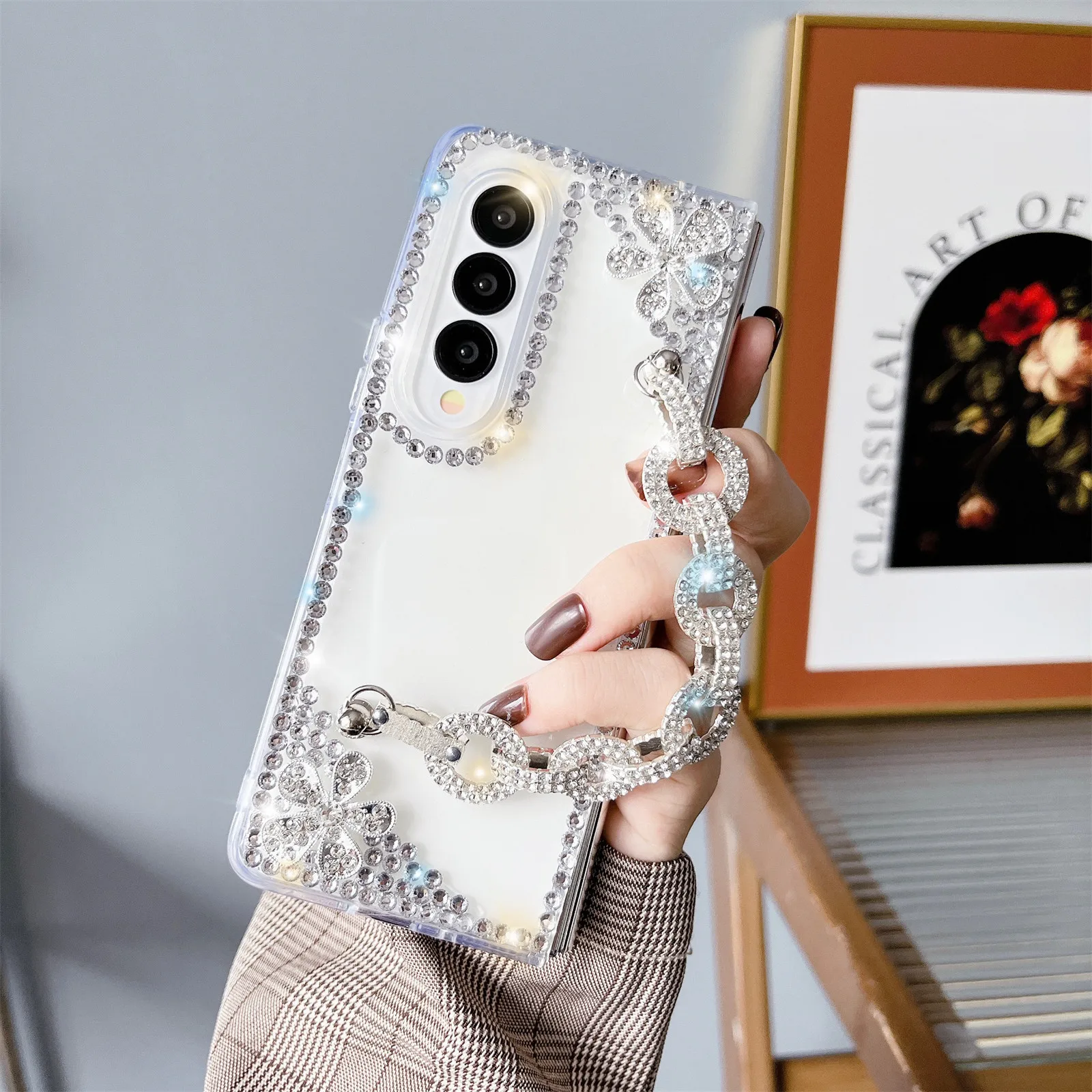 for Samsung Galaxy Z Fold 4 Case Cute for Women Girls Luxury 3D Handmade Sparkle Pearl Strap Chain Diamond Bling Glitter Cover