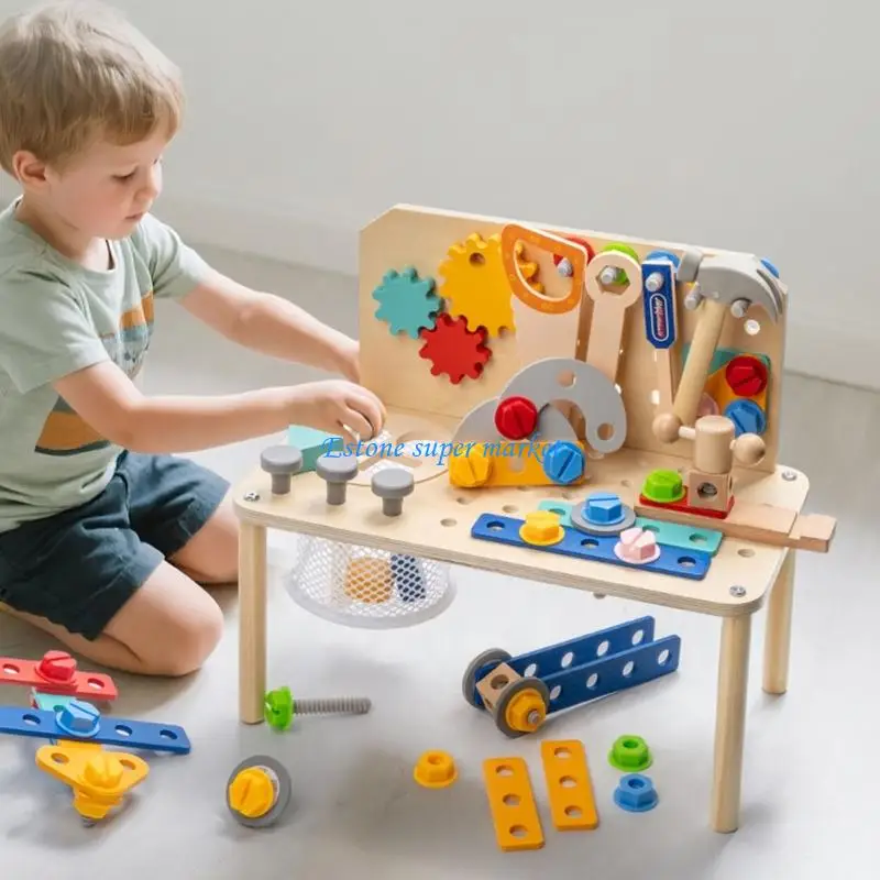 

090B Interactive Wooden Workshop Toy With Functional Screws And Nut Wooden Handyman Pretend Tool For Preschoolers