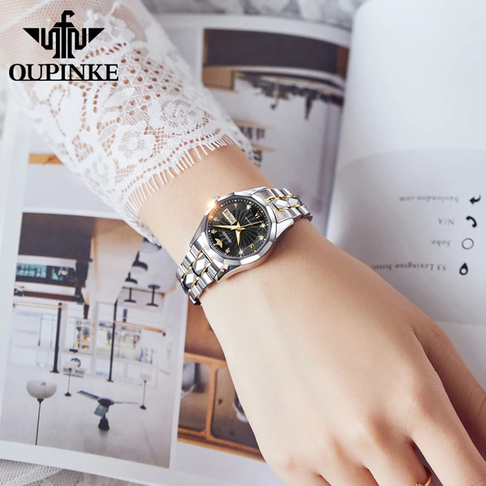 Oupink brand watch tungsten steel inlaid with diamonds, waterproof, fully automatic mechanical watch for women, women's watch 31