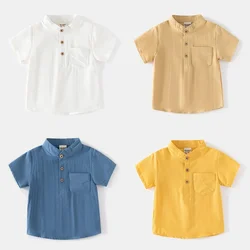 Baby Boys Blouse Toddler Short Sleeved T-shirt Kids Solid Color Shirts with Pocket 2024 Summer Children's Cotton Clothing Casual