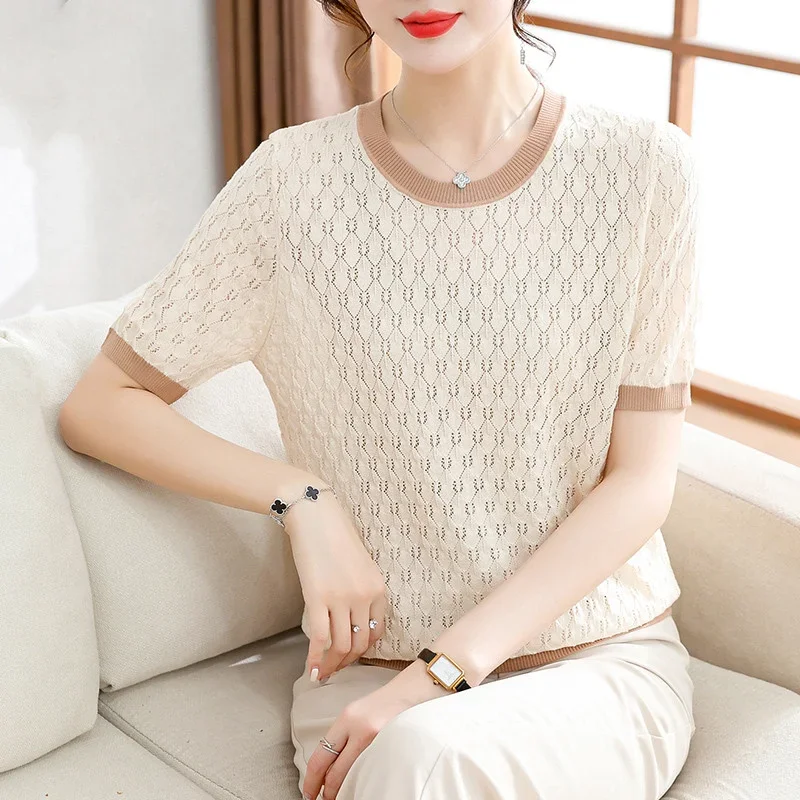 Summer Short Sleeve Blouse Knitted Shirt Women Tops 2024 New Casual Ice Silk Shirts Fashion Hollow Out Loose Clothes 27861