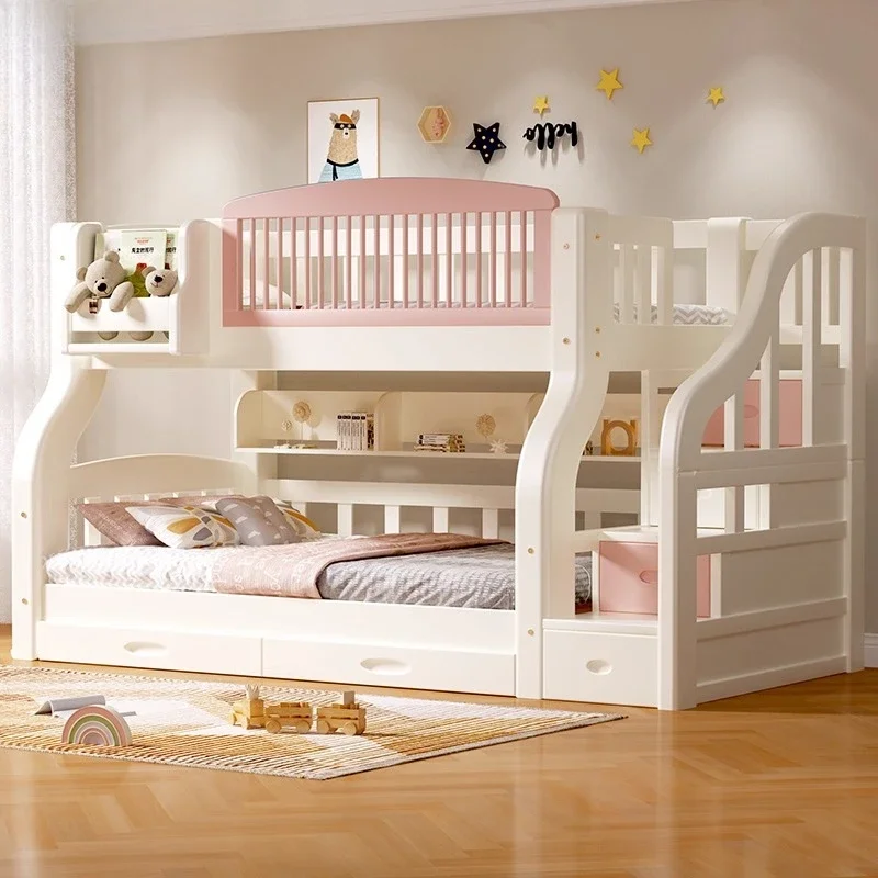 

Castle Style Simple Bunk Bed with Storage Slide Princess Pink Bed for Girls with Large Storage Capacity Round Corner Solid Wood
