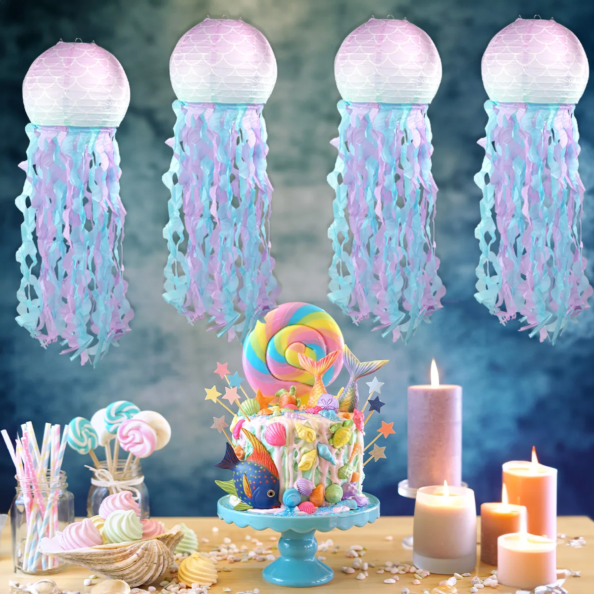 DIY Gradient Jelly Fish Paper Lanterns Hanging Little Mermaid Theme Party Under The Sea Birthday Party Decor Kids Girl Wedding