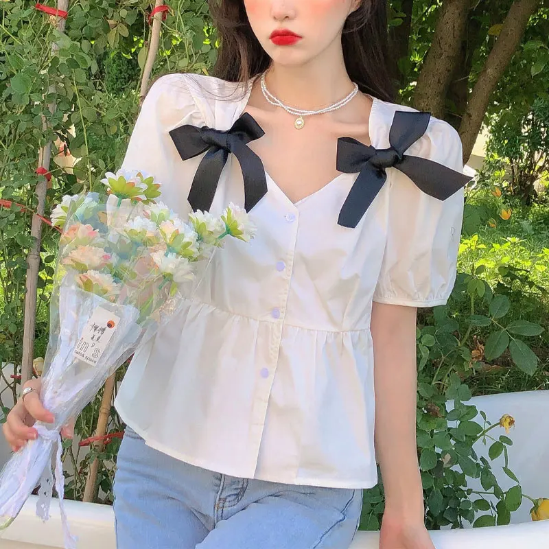 Women\'s Clothing Sweet Bow Shirt French Style Single-breasted Summer Solid Color Casual Elegant V-Neck Loose Short Sleeve Blouse