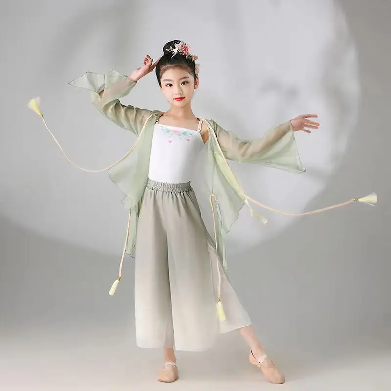 Kid Girl Classical Dance Clothing Embroidered Gauze Top Bow Lace-up Gradient Split 2-Layer Chiffon Flowing Wide Leg Pants