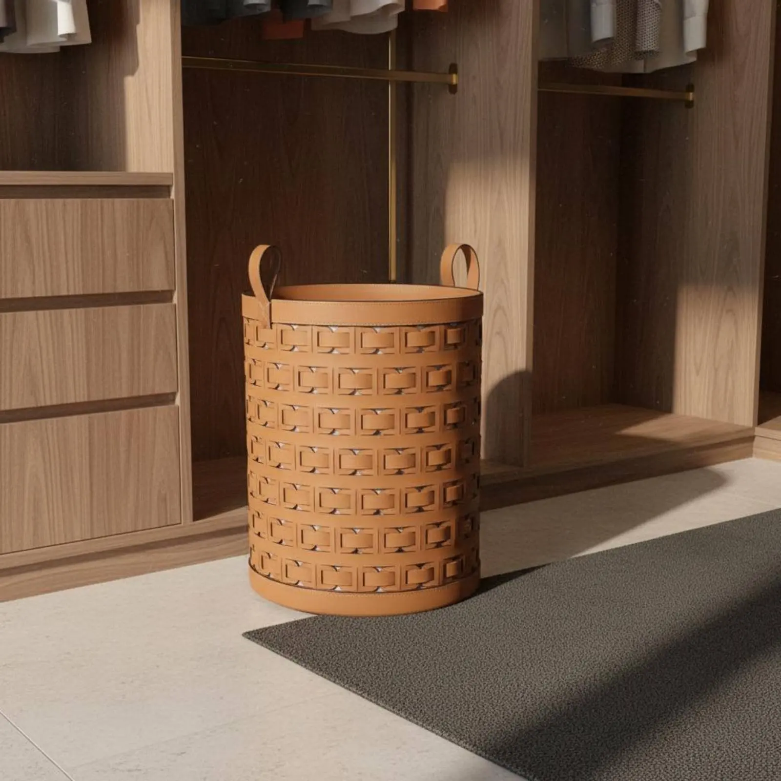 

Leather Laundry Basket Soft Luxury Design Round Leather Basket with Handles Decorative Storage Tote Large Capacity for Bedroom