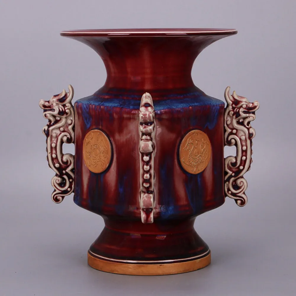 Song Dynasty Style Jun Kiln Rose Purple Flambe Glaze Dragon Ruyi Zun Vase Aged Porcelain Vintage Chinese Home Decor Collectible